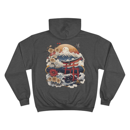 Great Wave Torii Champion Eco Hoodie - Mount Fuji Sunflower Japanese Art Sustainable Sweatshirt