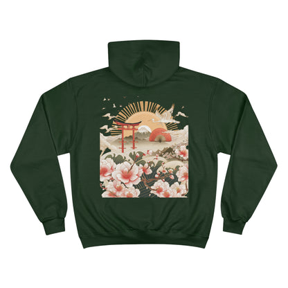 Japanese Sunrise Torii Gate Champion Eco Hoodie - Mount Fuji Cherry Blossom Crane Art Sustainable Sweatshirt