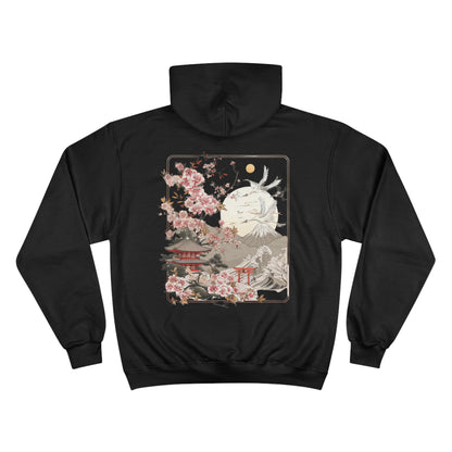 Cherry Blossom Pagoda Champion Eco Hoodie - Japanese Crane Mount Fuji Art Sustainable Sweatshirt