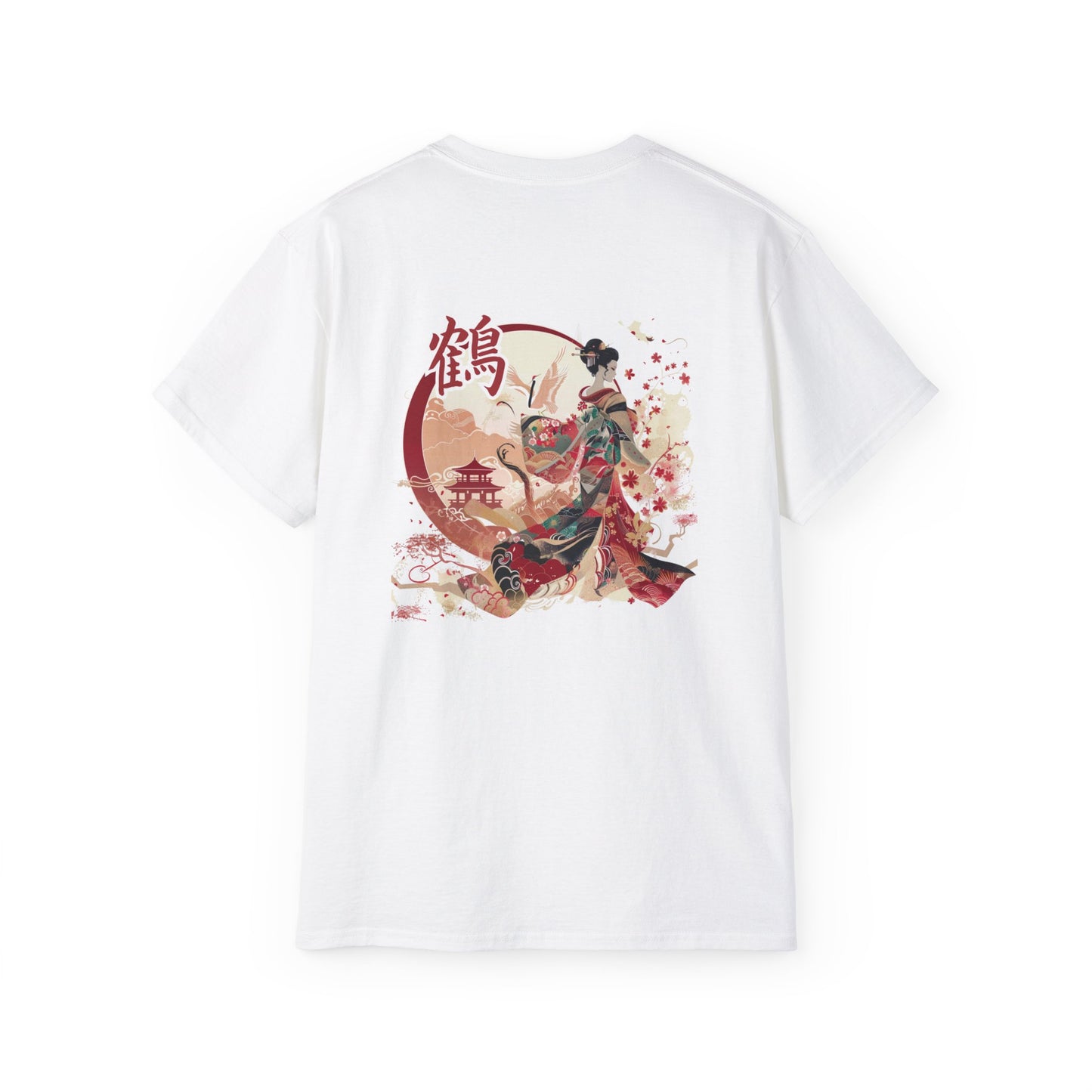 Crane Geisha Japanese Art T-Shirt - Traditional Beauty Back Print Tee