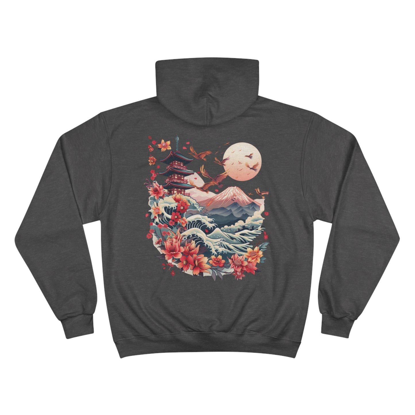 Japanese Pagoda Wave Champion Eco Hoodie - Mount Fuji Lotus Crane Art Sustainable Sweatshirt