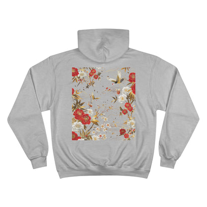 Japanese Crane and Cherry Blossom Champion Eco Hoodie - Elegant Asian Floral Design Premium Sweatshirt