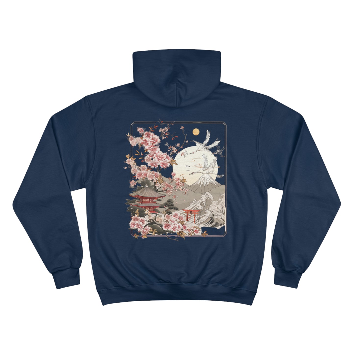 Cherry Blossom Pagoda Champion Eco Hoodie - Japanese Crane Mount Fuji Art Sustainable Sweatshirt