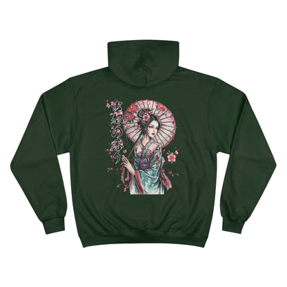 Geisha with Cherry Blossom Umbrella Champion Eco Hoodie - Japanese Calligraphy Art Sweatshirt