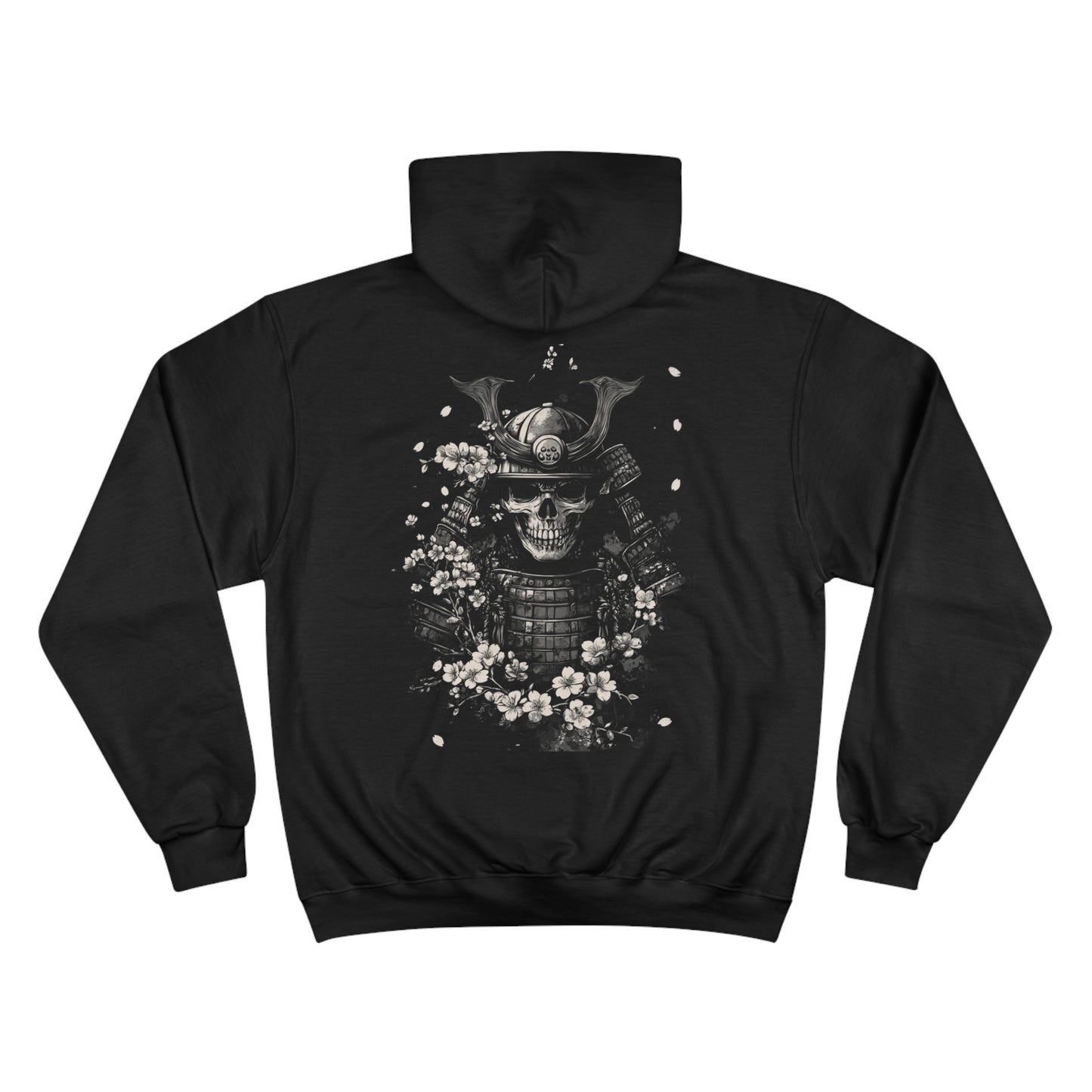 Samurai Skull Cherry Blossom Champion Hoodie - Japanese Warrior Gothic Art Sweatshirt in Black