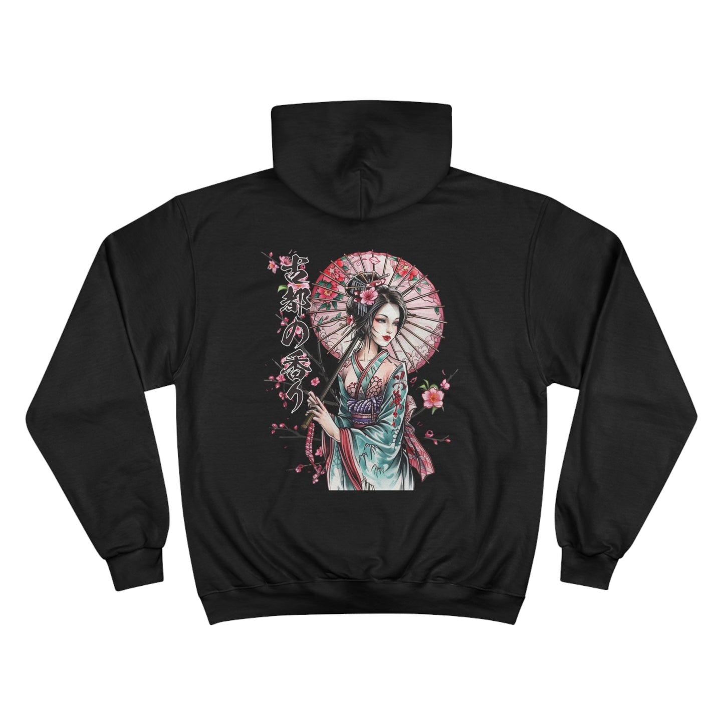 Geisha with Cherry Blossom Umbrella Champion Eco Hoodie - Japanese Calligraphy Art Sweatshirt