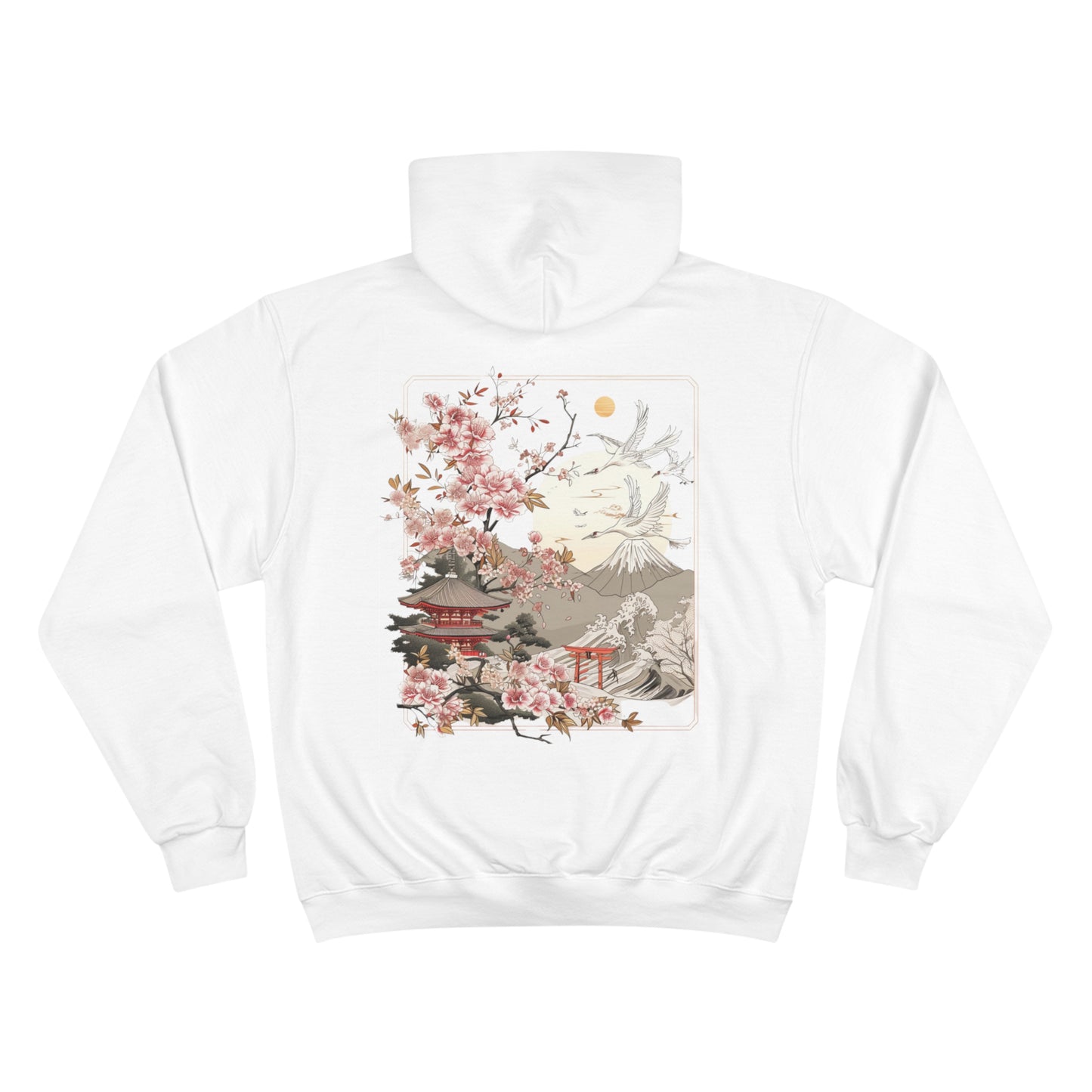 Cherry Blossom Pagoda Champion Eco Hoodie - Japanese Crane Mount Fuji Art Sustainable Sweatshirt