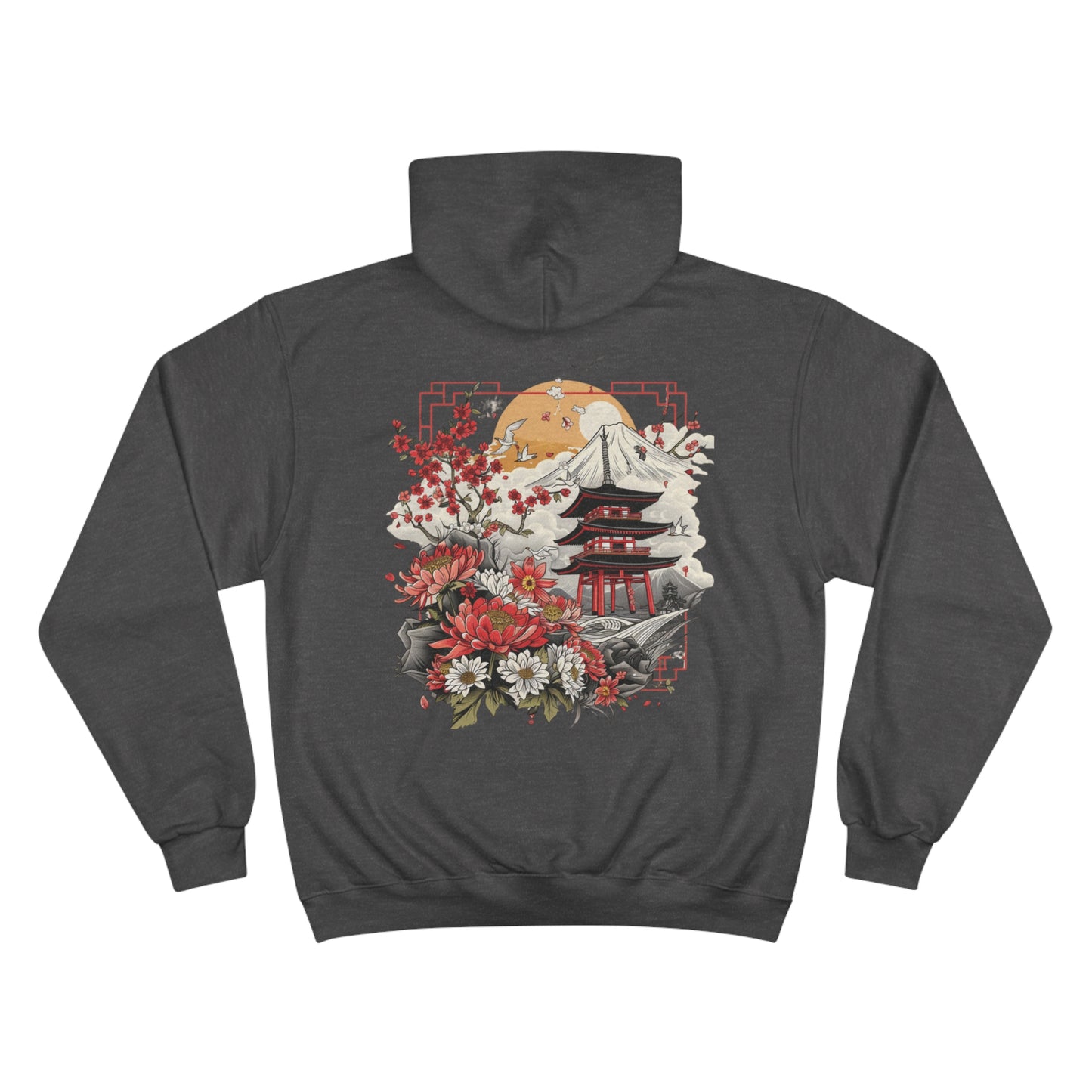 Japanese Pagoda Cherry Blossom Champion Eco Hoodie - Mount Fuji Chrysanthemum Traditional Art Sustainable Sweatshirt