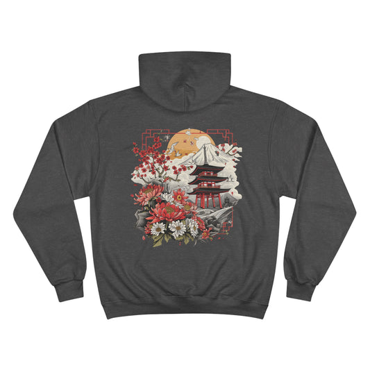 Japanese Pagoda Cherry Blossom Champion Eco Hoodie - Mount Fuji Chrysanthemum Traditional Art Sustainable Sweatshirt