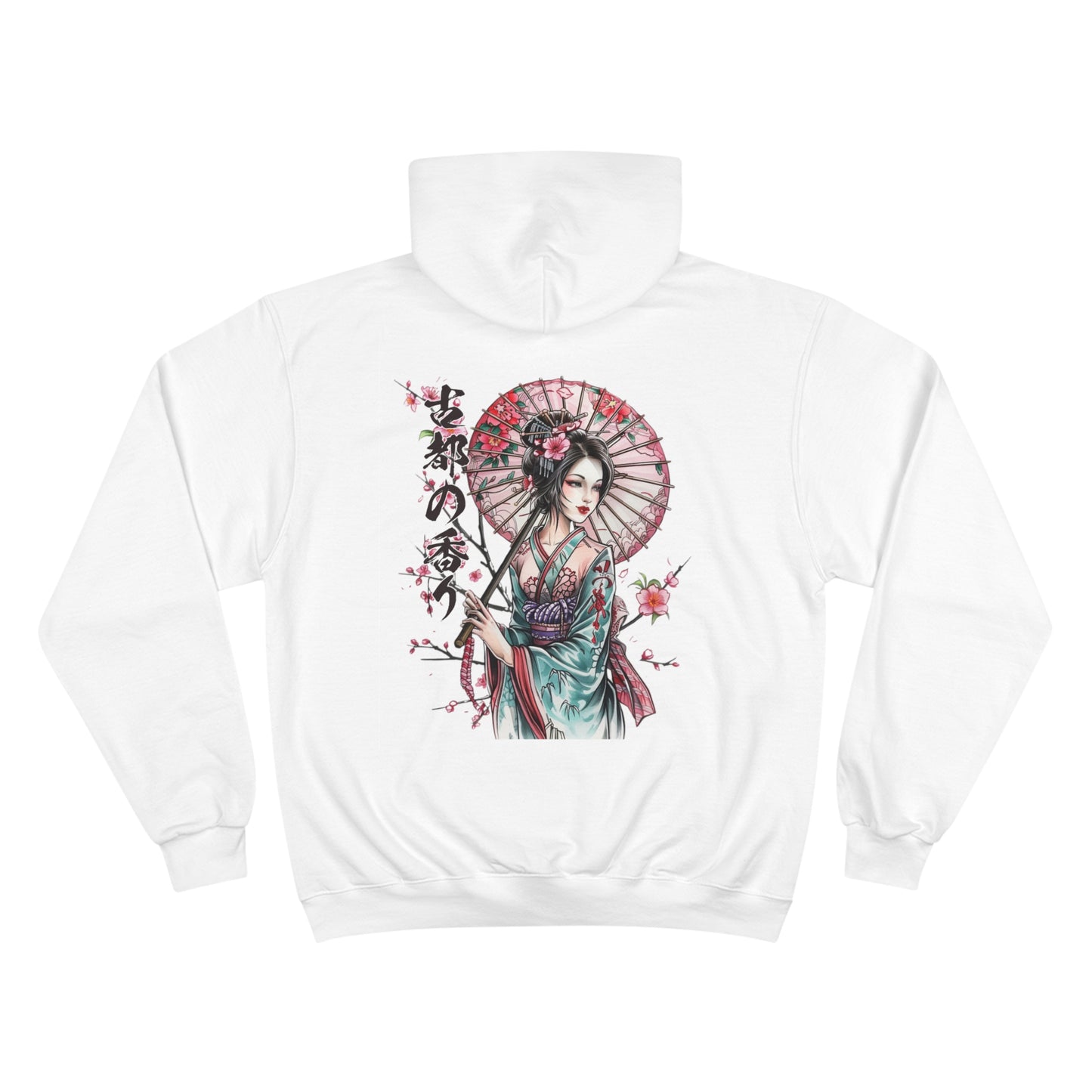 Geisha with Cherry Blossom Umbrella Champion Eco Hoodie - Japanese Calligraphy Art Sweatshirt