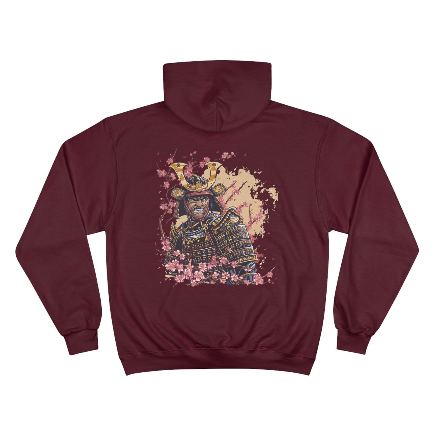 Fierce Samurai Warrior Kabuto Helmet Cherry Blossom Hoodie - Japanese Art Champion Eco Sweatshirt