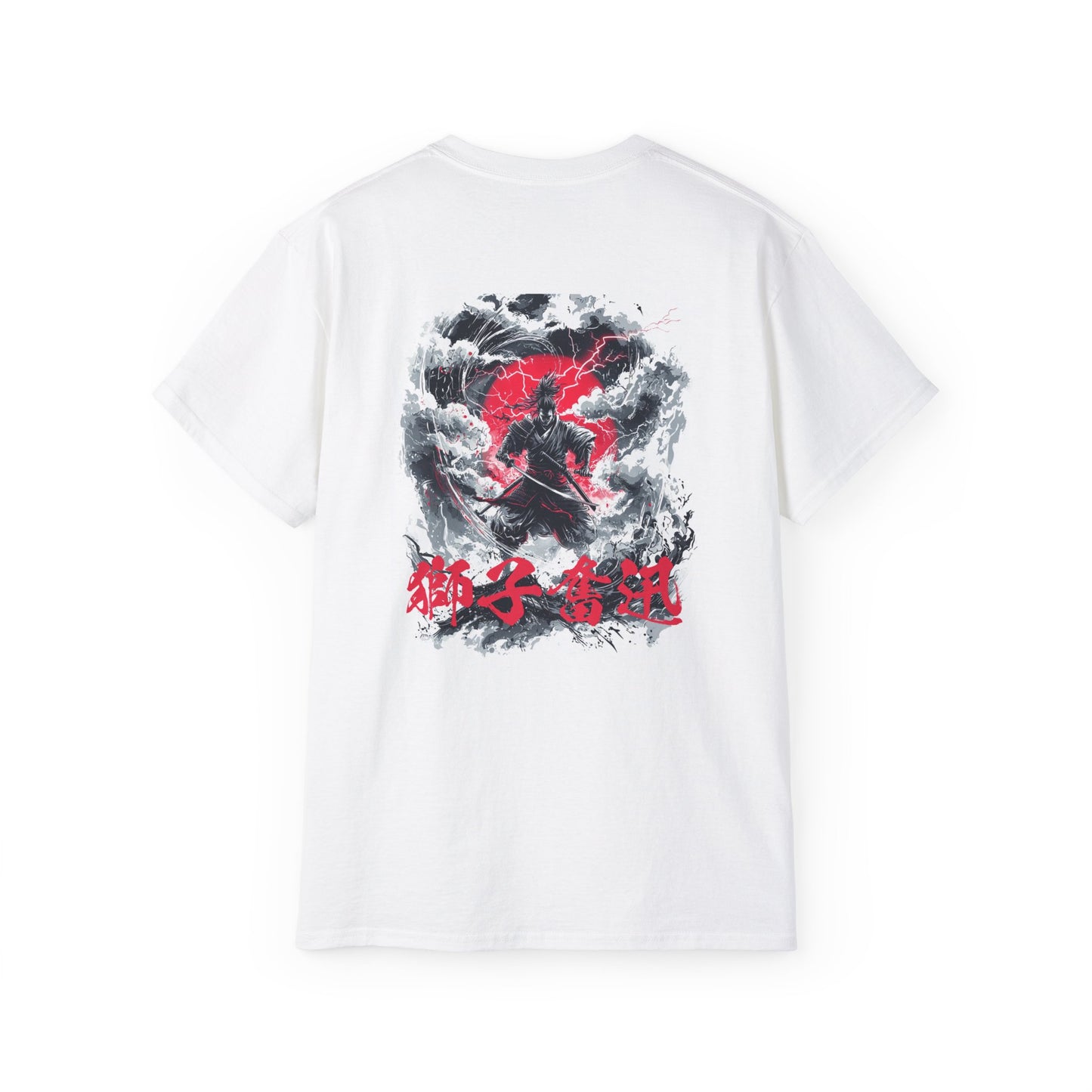 Shishi Funjin (獅子奮迅) Japanese Samurai T-Shirt - Lightning Storm Warrior Design with Traditional Kanji Art