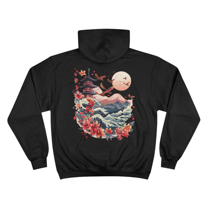 Japanese Pagoda Wave Champion Eco Hoodie - Mount Fuji Lotus Crane Art Sustainable Sweatshirt