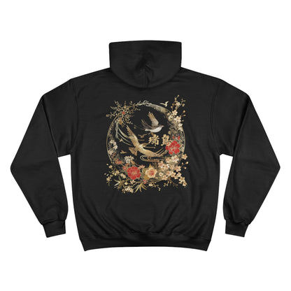 Japanese Crane and Flowers Champion Eco Hoodie - Traditional Oriental Bird Art Sweatshirt